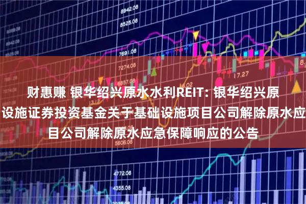 财惠赚 银华绍兴原水水利REIT: 银华绍兴原水水利封闭式基础设施证券投资基金关于基础设施项目公司解除原水应急保障响应的公告